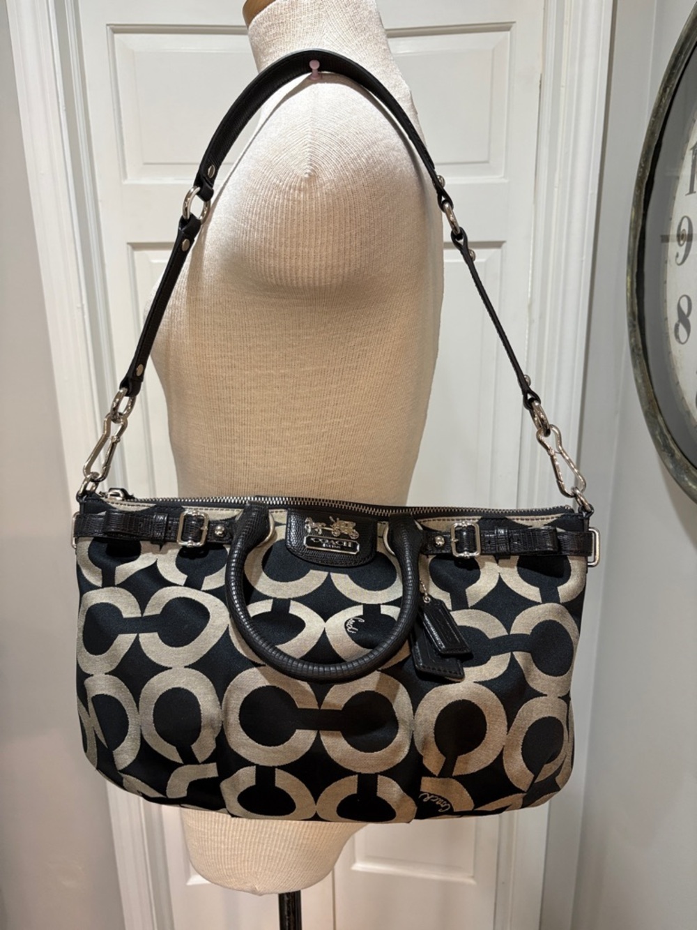 Coach Madison Sophia Satchel bag in black Op Art lured fabric w/leather trim